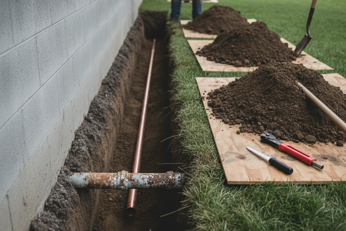 Excavated water line trench during Sewer Line Repair in Drayton